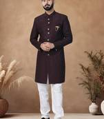 Brown embroidery silk semi indowestern with pollo pant for mens