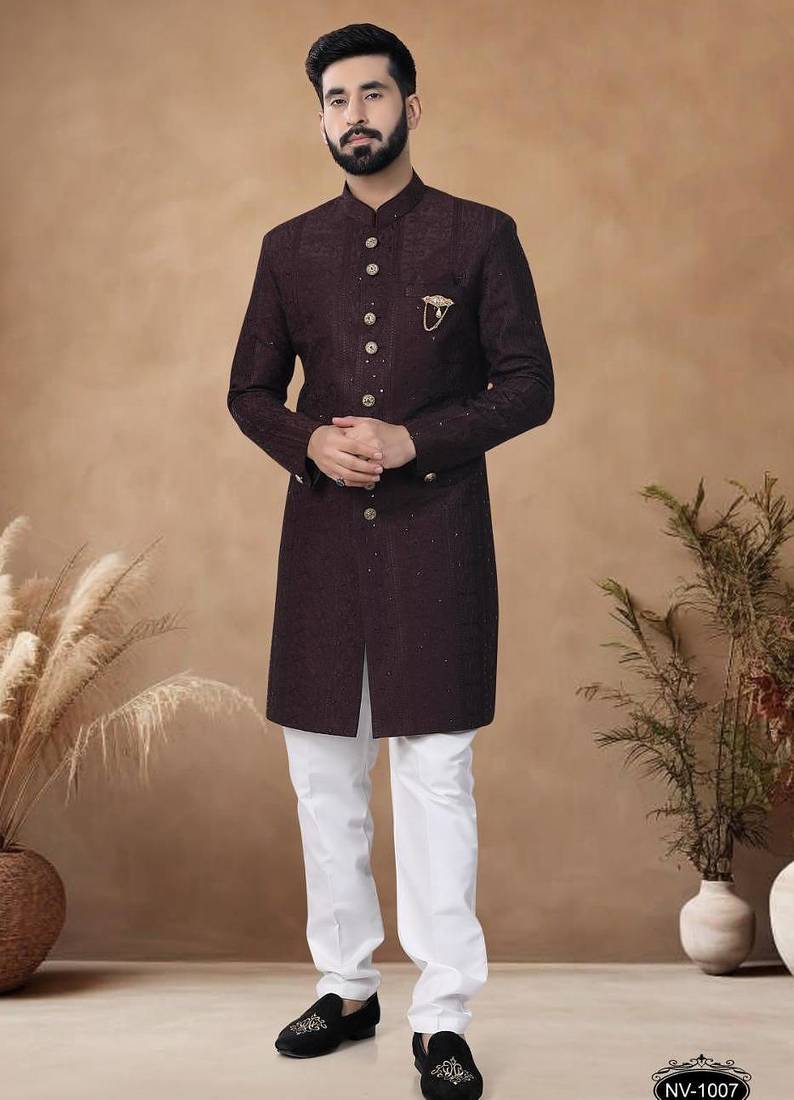 Brown embroidery silk semi indowestern with pollo pant for mens