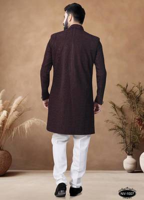 Brown embroidery silk semi indowestern with pollo pant for mens 2