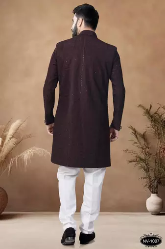 Brown embroidery silk semi indowestern with pollo pant for mens