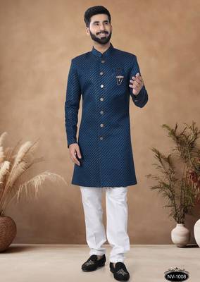 Blue embroidery jaquard semi indowestern with pollo pant for mens 1