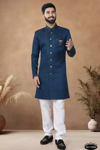 Blue embroidery jaquard semi indowestern with pollo pant for mens