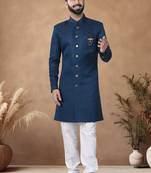 Blue embroidery jaquard semi indowestern with pollo pant for mens