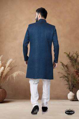 Blue embroidery jaquard semi indowestern with pollo pant for mens 2