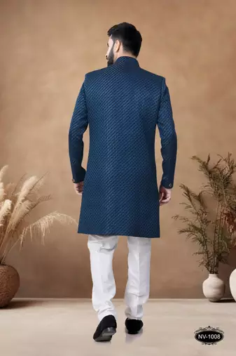Blue embroidery jaquard semi indowestern with pollo pant for mens