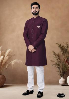 purple embroidery silk semi indowestern with pollo pant for mens 1