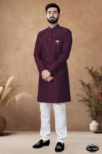 Red embroidery silk semi indowestern with pollo pant for mens