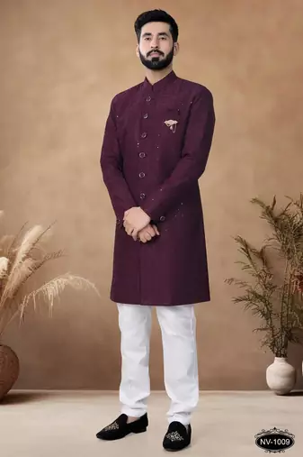 Red embroidery silk semi indowestern with pollo pant for mens