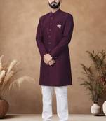 purple embroidery silk semi indowestern with pollo pant for mens