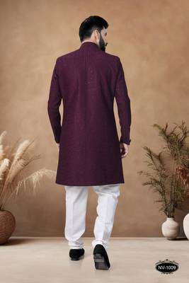 purple embroidery silk semi indowestern with pollo pant for mens 2