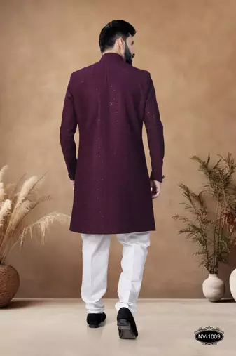 purple embroidery silk semi indowestern with pollo pant for mens