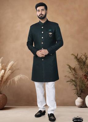 Green embroidery jaquard semi indowestern with pollo pant for mens 1