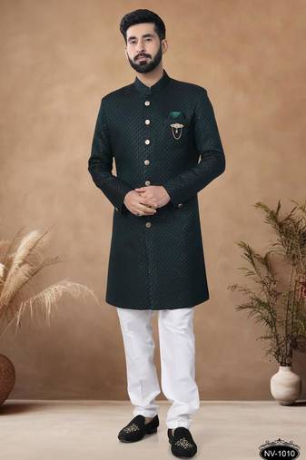Green embroidery jaquard semi indowestern with pollo pant for mens