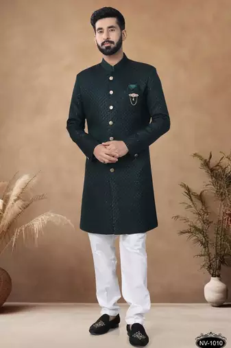 Green embroidery jaquard semi indowestern with pollo pant for mens