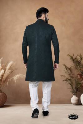 Green embroidery jaquard semi indowestern with pollo pant for mens 2