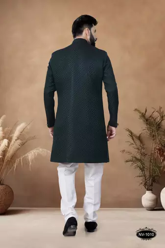 Green embroidery jaquard semi indowestern with pollo pant for mens