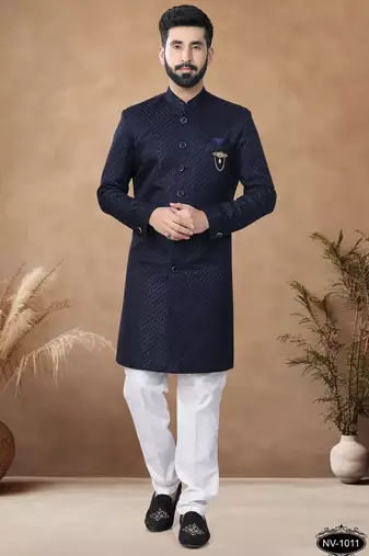 Blue embroidery jaquard semi indowestern with pollo pant for mens
