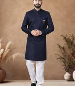 Blue embroidery jaquard semi indowestern with pollo pant for mens
