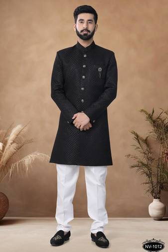 Black embroidery jaquard semi indowestern with pollo pant for mens