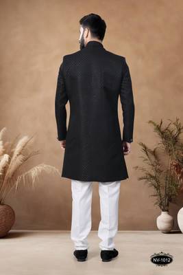 Black embroidery jaquard semi indowestern with pollo pant for mens 2