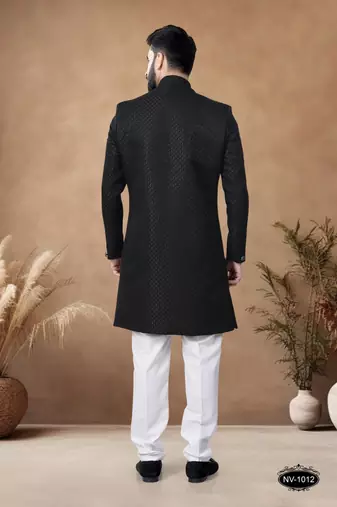 Black embroidery jaquard semi indowestern with pollo pant for mens