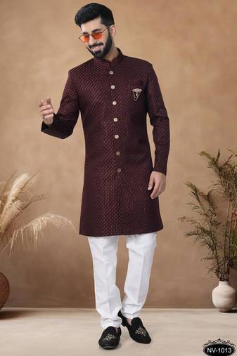 Maroon embroidery jaquard semi indowestern with pollo pant for mens