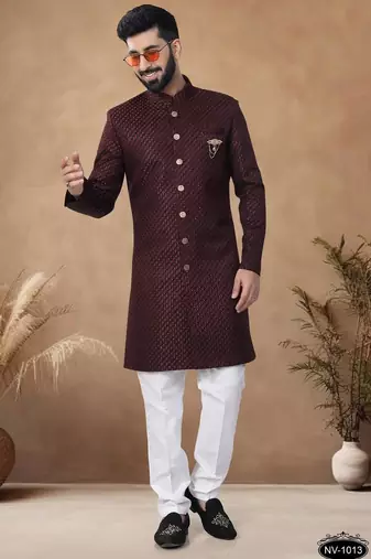 Maroon embroidery jaquard semi indowestern with pollo pant for mens