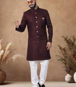 Maroon embroidery jaquard semi indowestern with pollo pant for mens