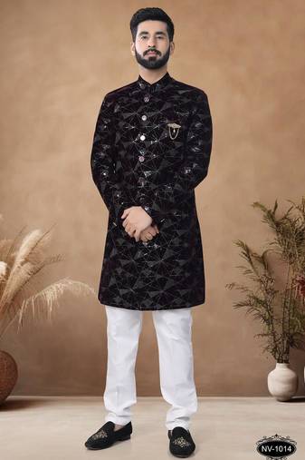 Red embroidery velvet semi indowestern with pollo pant for mens