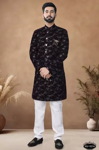 Red embroidery velvet semi indowestern with pollo pant for mens