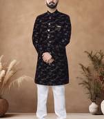 Red embroidery velvet semi indowestern with pollo pant for mens