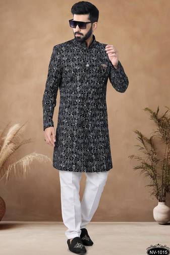 Black embroidery velvet semi indowestern with pollo pant for mens