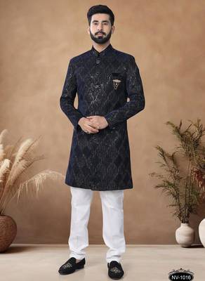 Blue embroidery velvet semi indowestern with pollo pant for mens 1