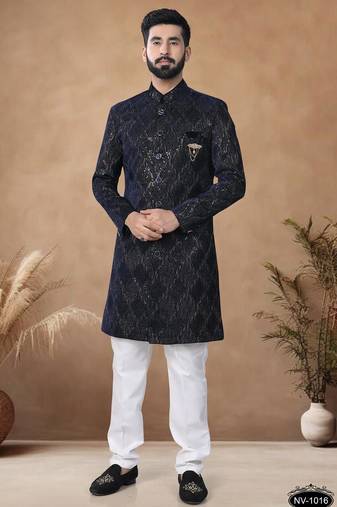Blue embroidery velvet semi indowestern with pollo pant for mens