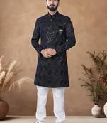 Blue embroidery velvet semi indowestern with pollo pant for mens