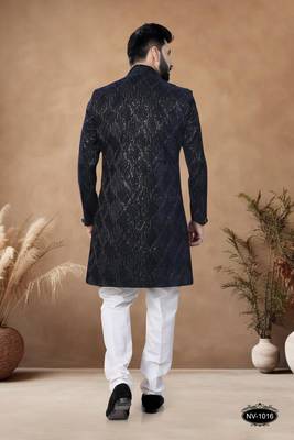 Blue embroidery velvet semi indowestern with pollo pant for mens 2