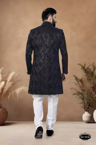 Blue embroidery velvet semi indowestern with pollo pant for mens
