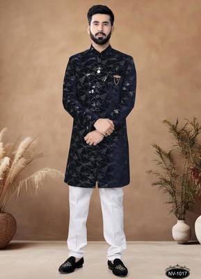 Blue embroidery velvet semi indowestern with pollo pant for mens 1