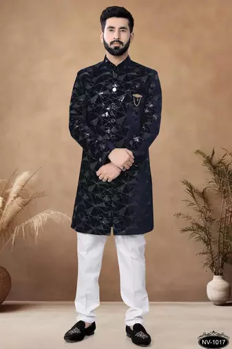 Blue embroidery velvet semi indowestern with pollo pant for mens