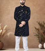Blue embroidery velvet semi indowestern with pollo pant for mens