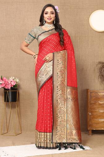 red all over zari motifs silk blend saree with contrast pallu