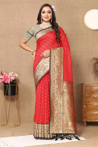 red all over zari motifs silk blend saree with contrast pallu