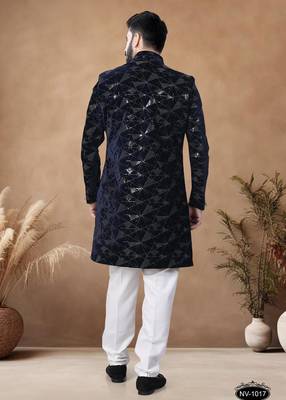 Blue embroidery velvet semi indowestern with pollo pant for mens 2