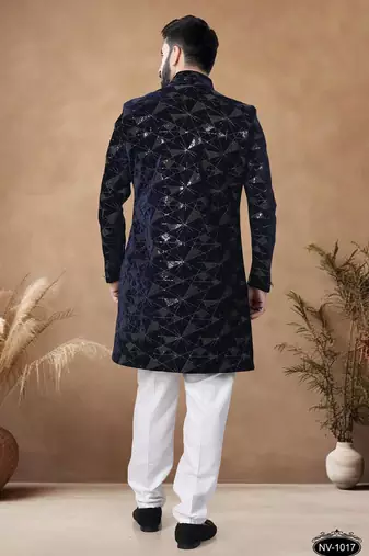 Blue embroidery velvet semi indowestern with pollo pant for mens