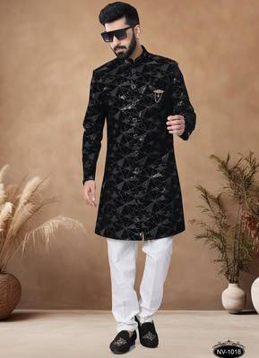 Black embroidery velvet semi indowestern with pollo pant for mens 1
