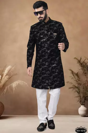 Black embroidery velvet semi indowestern with pollo pant for mens