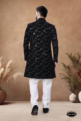 Black embroidery velvet semi indowestern with pollo pant for mens 2