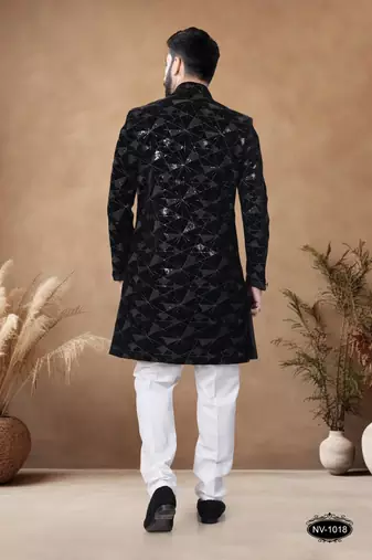Black embroidery velvet semi indowestern with pollo pant for mens
