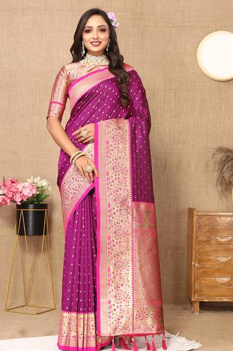 wine all over zari motifs silk blend saree with contrast pallu