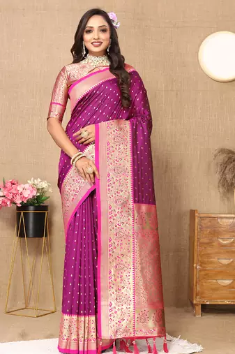 wine all over zari motifs silk blend saree with contrast pallu